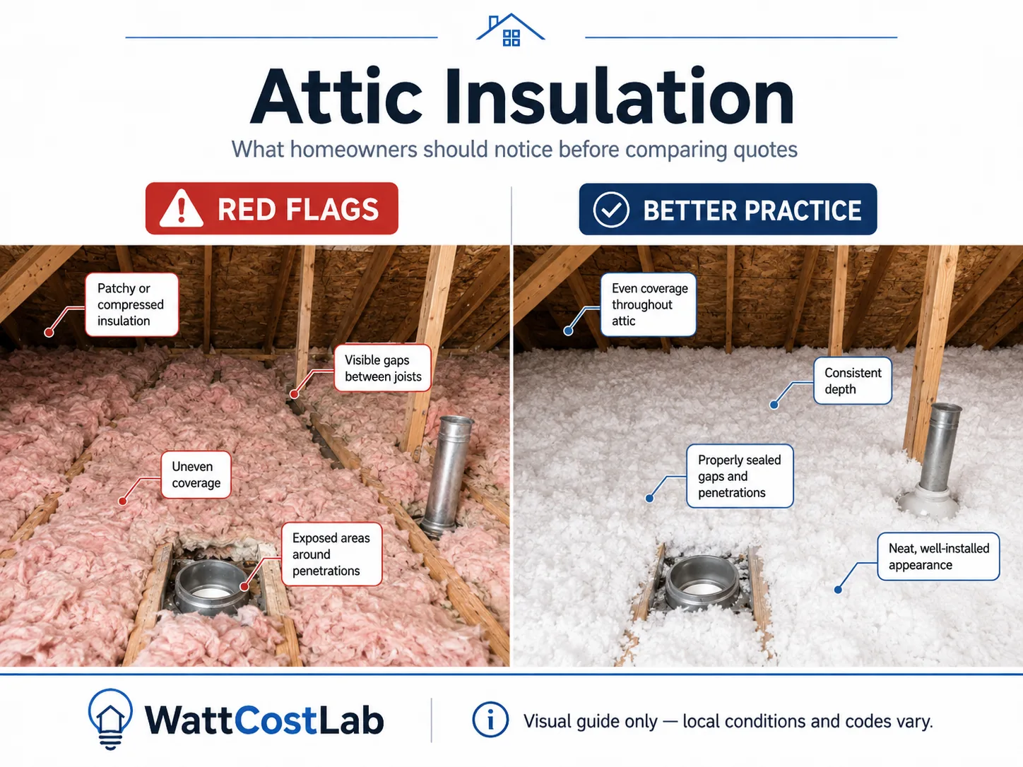Attic insulation visual guide comparing patchy compressed insulation and exposed gaps with even coverage, consistent depth and properly sealed penetrations.