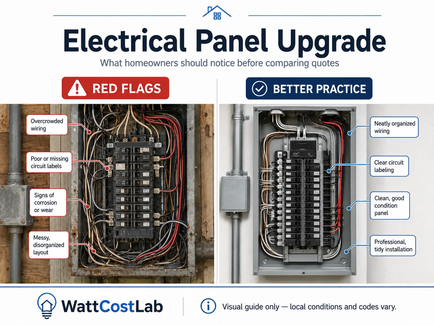 Electrical panel upgrade visual guide comparing overcrowded, poorly labeled and worn wiring with a clean, organized and clearly labeled professional panel.