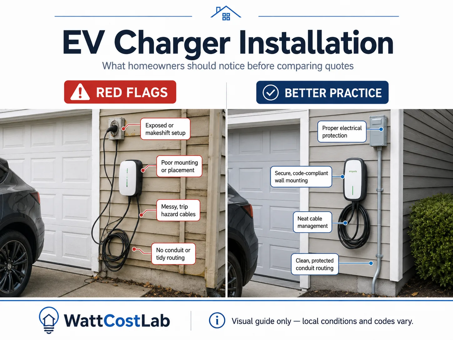 EV charger installation visual guide comparing a messy exposed charging setup with tidy cable management, secure mounting and protected electrical routing.