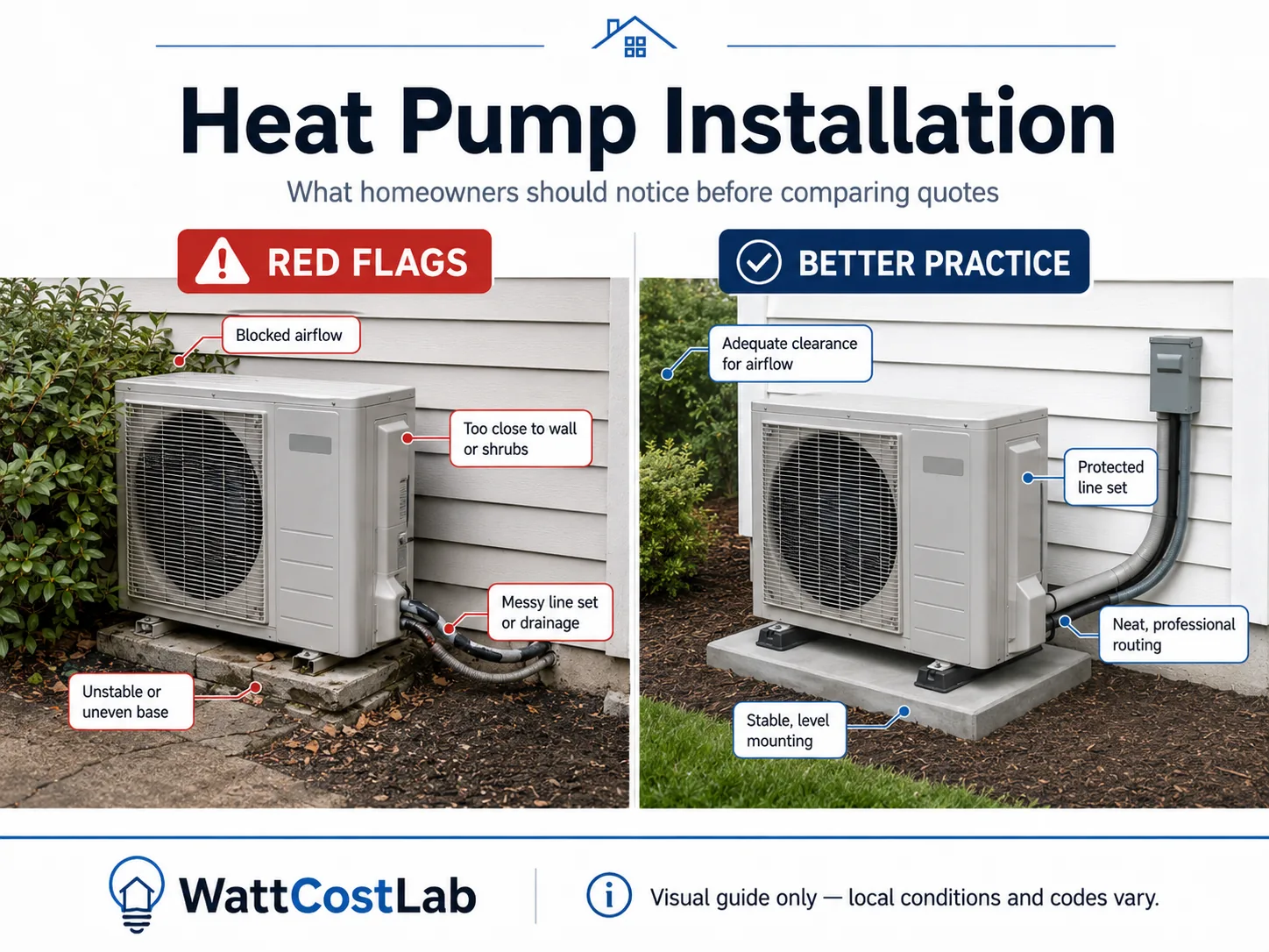 Heat pump installation visual guide comparing blocked airflow, poor mounting and messy line routing with adequate clearance and a level professional installation.