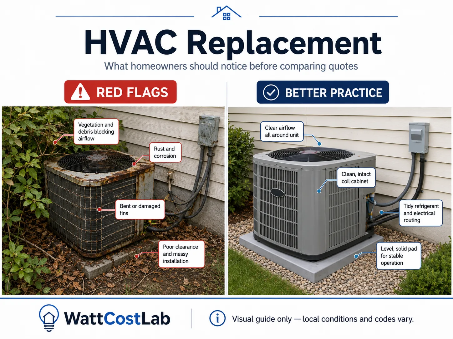 HVAC replacement visual guide comparing blocked airflow, corrosion and poor clearance with a clean condenser on a level pad and tidy service routing.