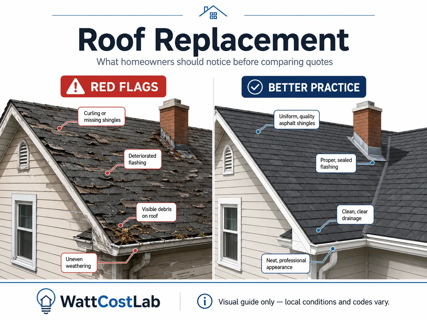 Roof replacement visual guide comparing damaged shingles and flashing with a clean, professionally finished asphalt shingle roof.