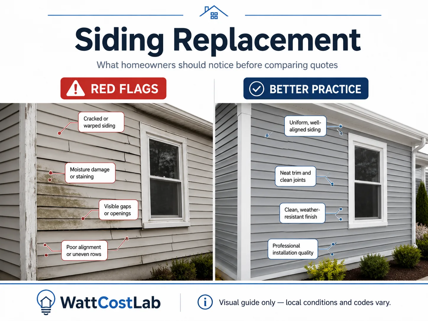 Siding replacement visual guide comparing warped, stained and misaligned siding with uniform alignment, clean joints and a professional weather-resistant finish.