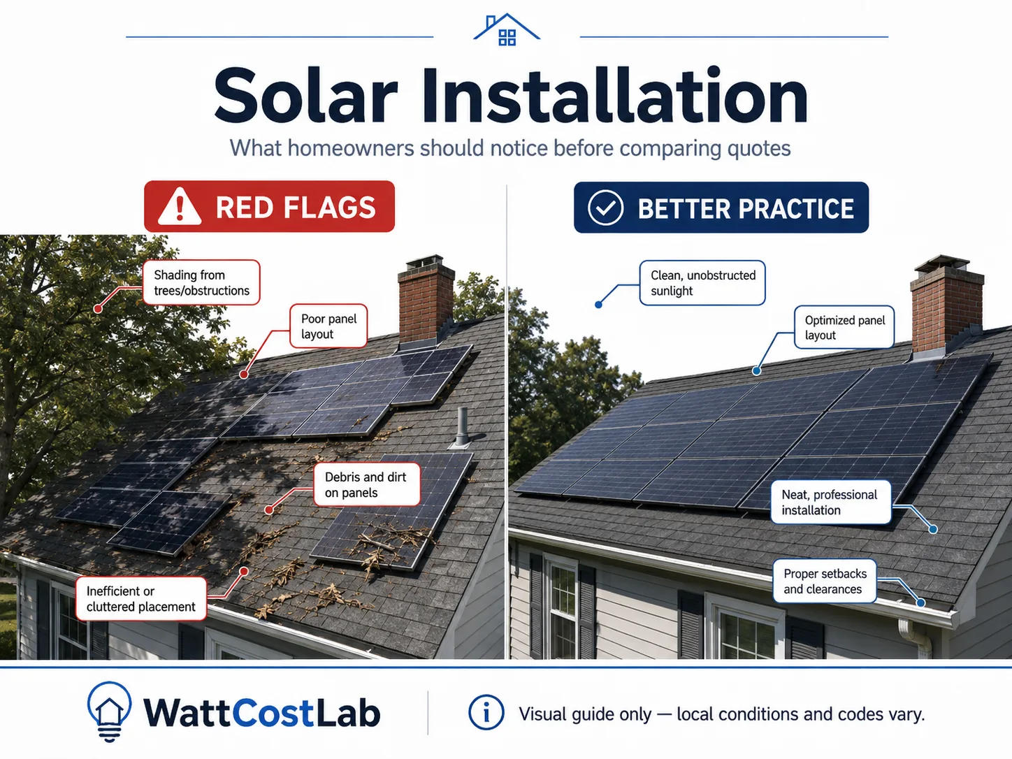 Solar installation visual guide comparing shading, debris and inefficient panel placement with an unobstructed, organized and professionally installed rooftop solar array.