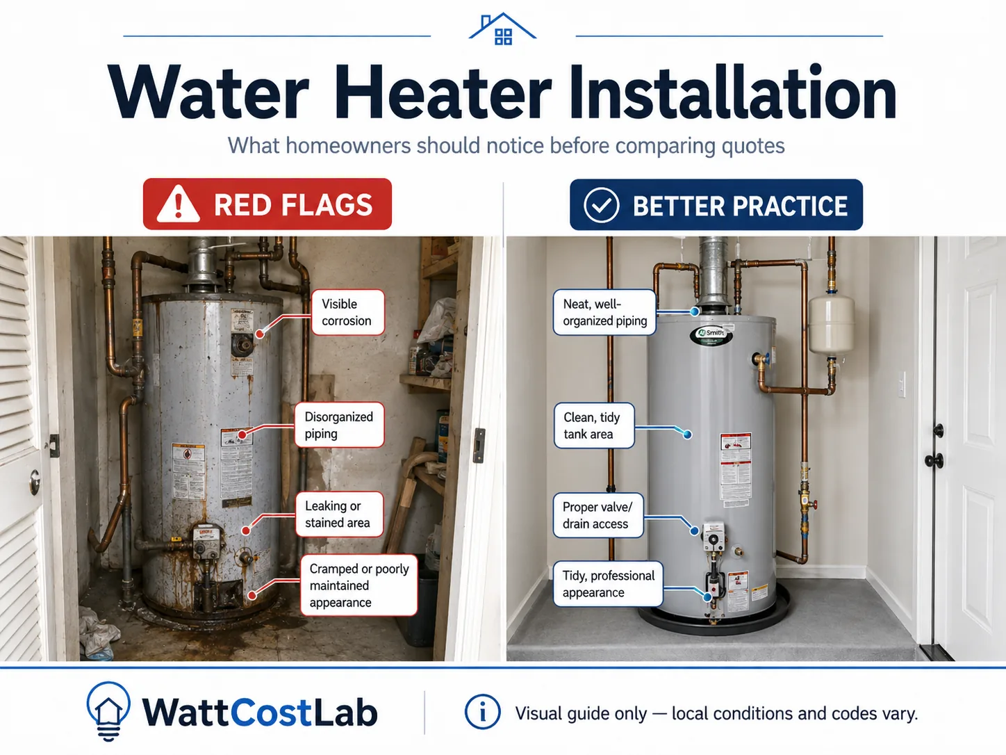 Water heater installation visual guide comparing visible corrosion, staining and disorganized piping with a clean, accessible and professionally organized installation.