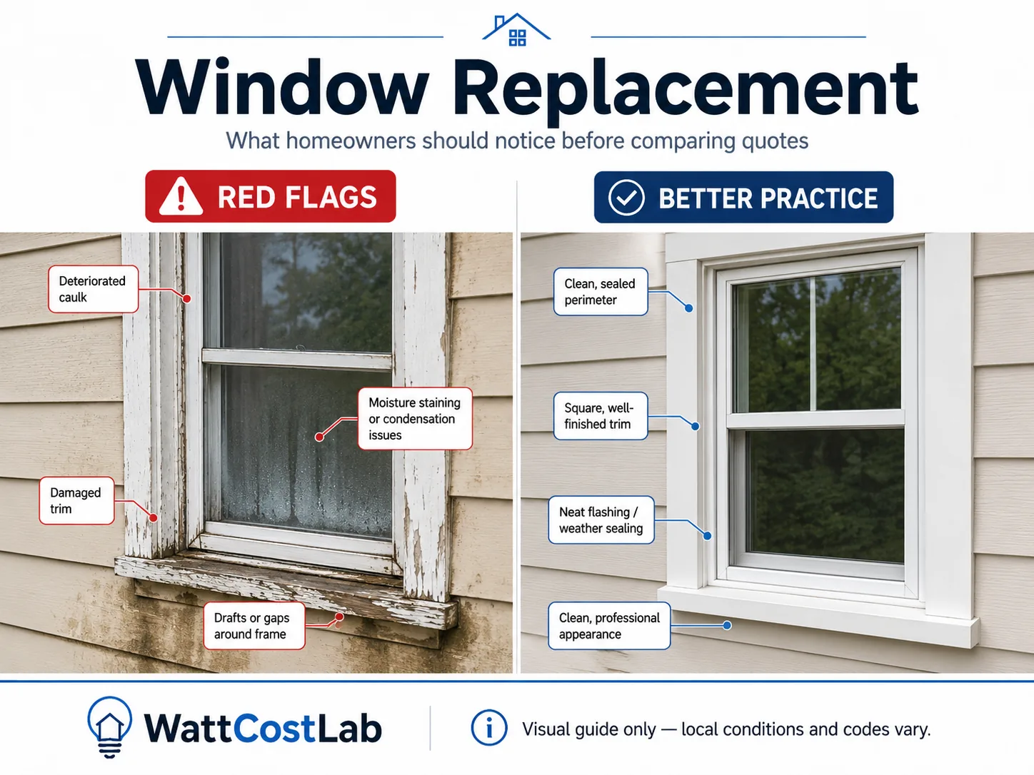 Window replacement visual guide comparing deteriorated caulk, moisture staining, damaged trim and gaps with a clean sealed and professionally finished window.